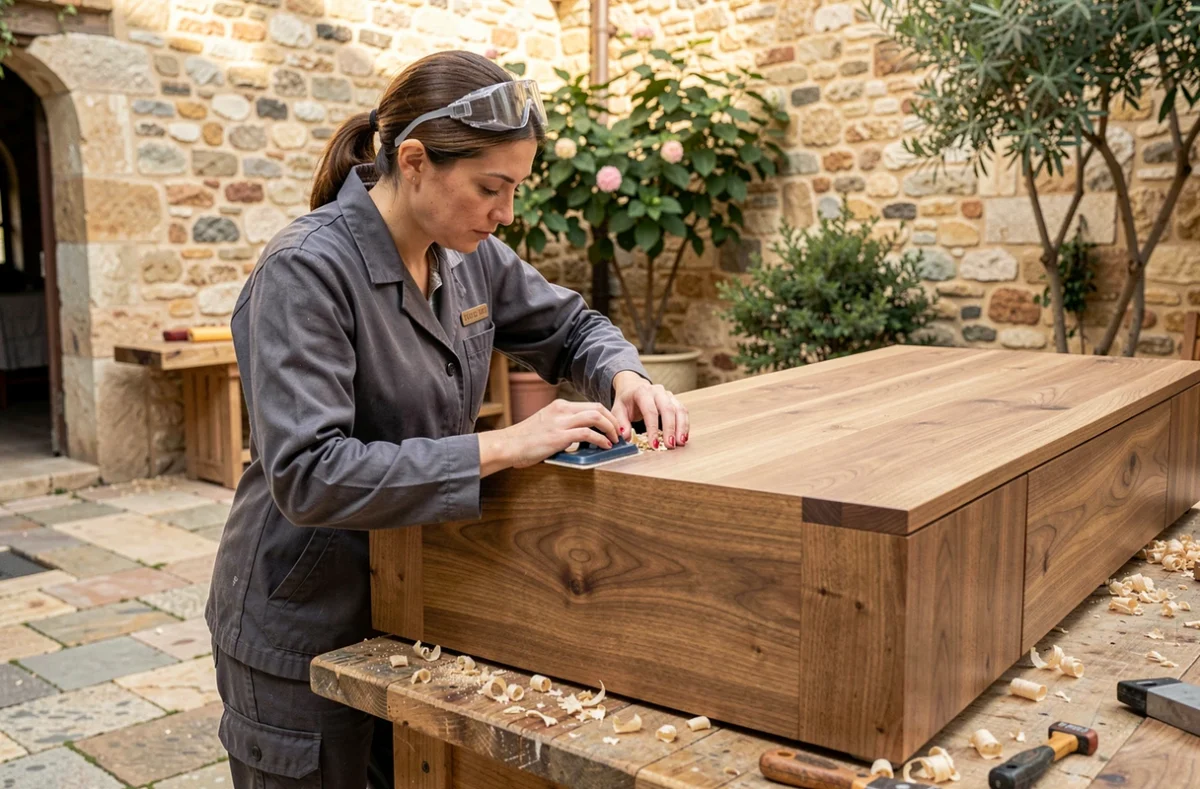 Menuisière professionnelle ponçant un panneau d'armoire en bois dans une cour artisanale à Montpellier, Hérault