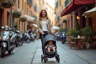 Jeune mère poussant une poussette compacte parapluie dans une ruelle pavée d'un village européen historique