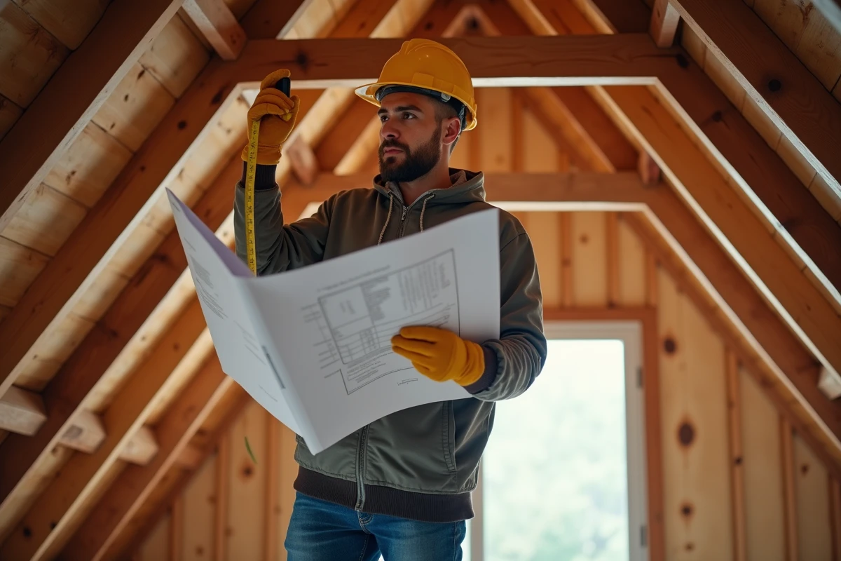 Bricoleur mesurant l'espace entre les chevrons d'un grenier pour préparer l'isolation