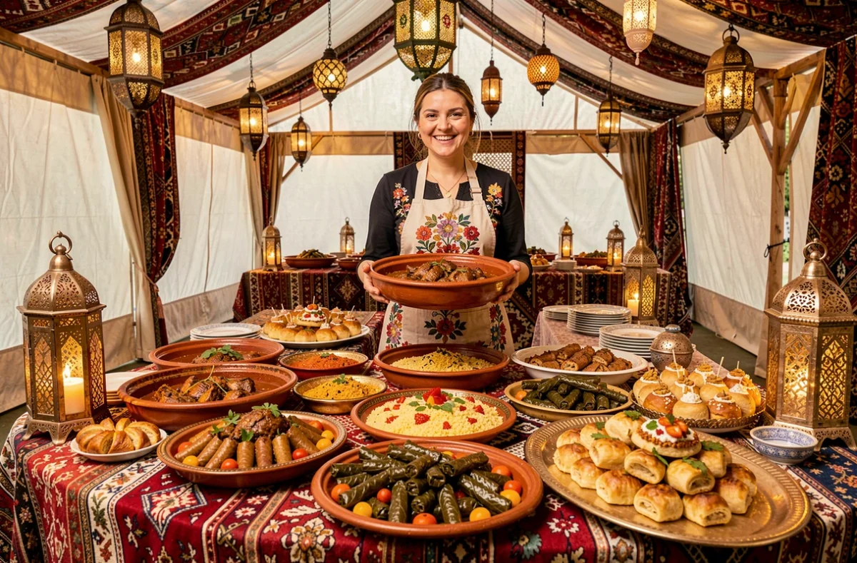 Buffet oriental de mariage avec tagine d'agneau et couscous festif, servi par Mina Kouk lors d'une réception à Marseille