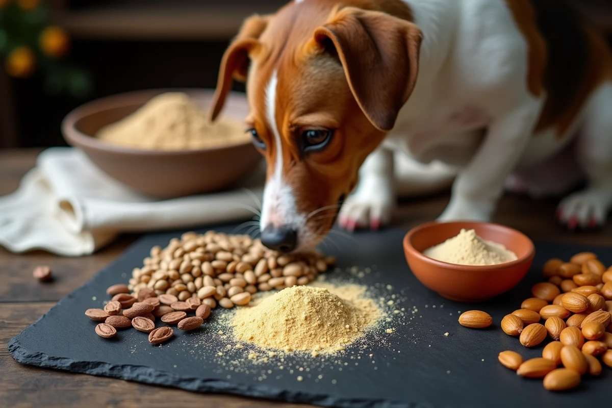 Un jack russell terrier renifle un assortiment d'ingrédients riches en minéraux dont de la levure de bière sur une ardoise