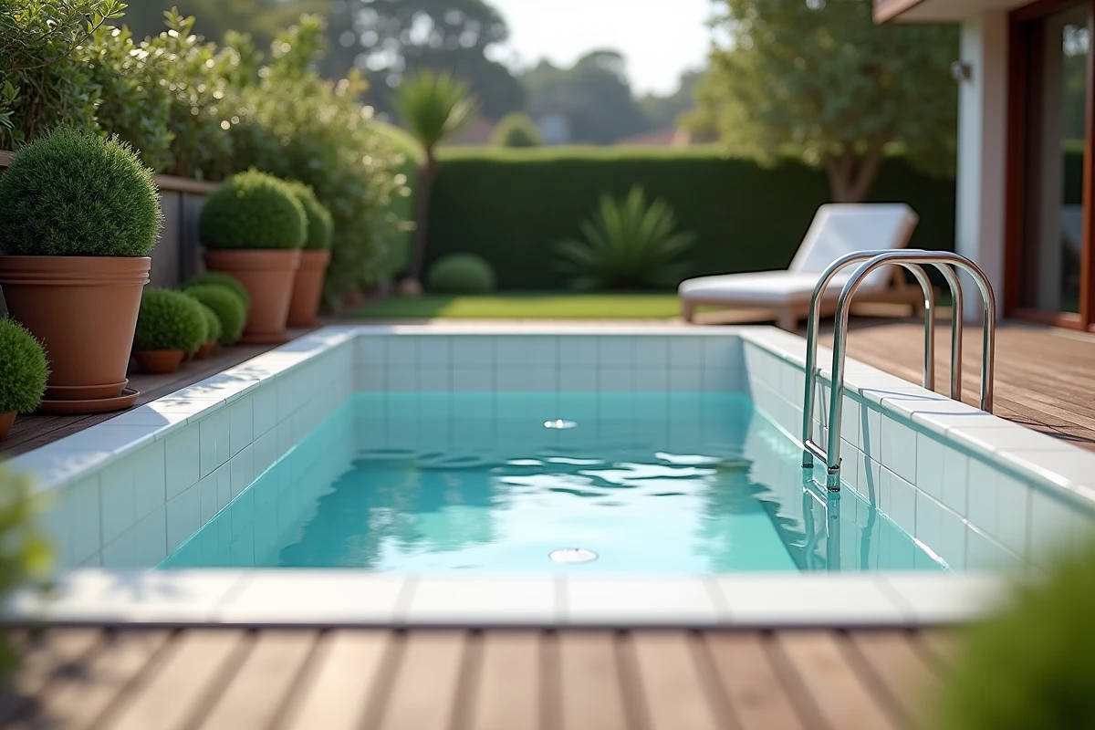 Mini-piscine extérieure sur terrasse en bois composite avec jets intégrés et aménagement paysager méditerranéen