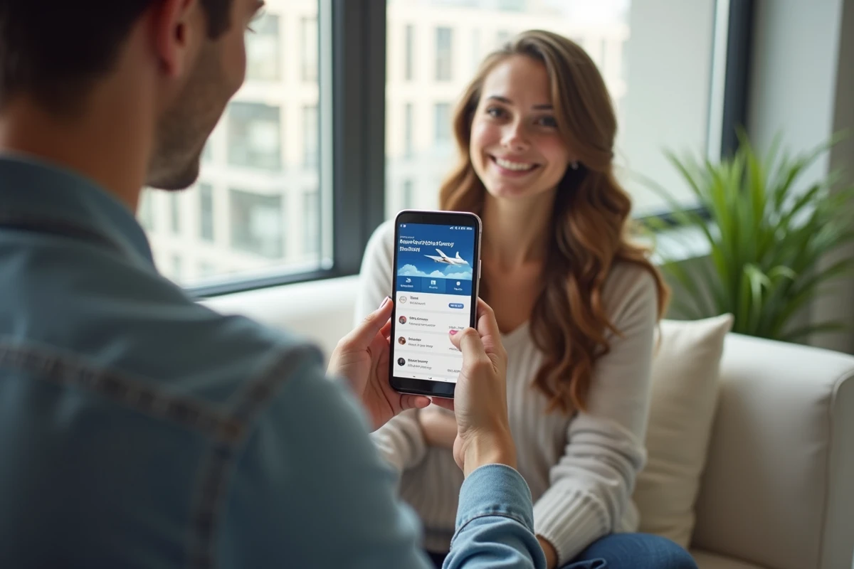 Femme utilisant une application mobile de réservation de vols pour trouver des billets d'avion pas chers