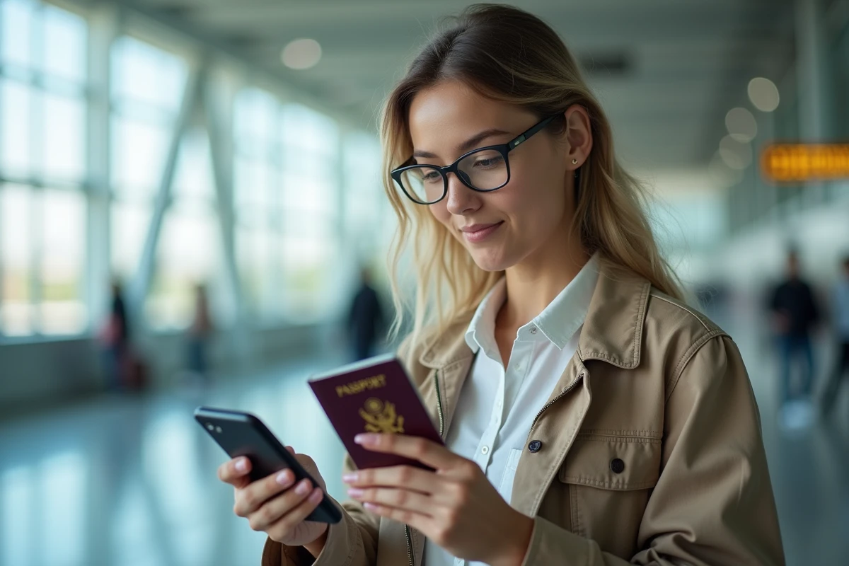 Femme avec billet d'avion et passeport consultent une application mobile de réservation de vols à bas prix