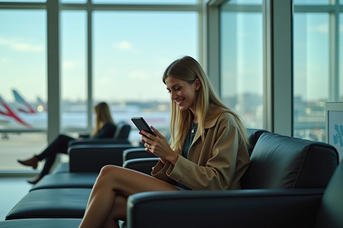 Femme consultant son téléphone mobile pour rechercher des billets d'avion bon marché dans une aéroport