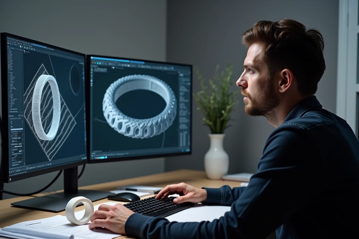 Designer joaillier travaillant sur un modèle 3D numérique de bague de fiançailles sur deux écrans avec un prototype imprimé