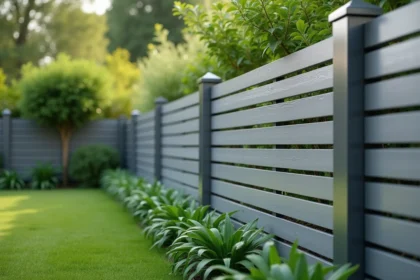 Clôture en aluminium moderne grise installée dans un jardin résidentiel avec plantes vertes