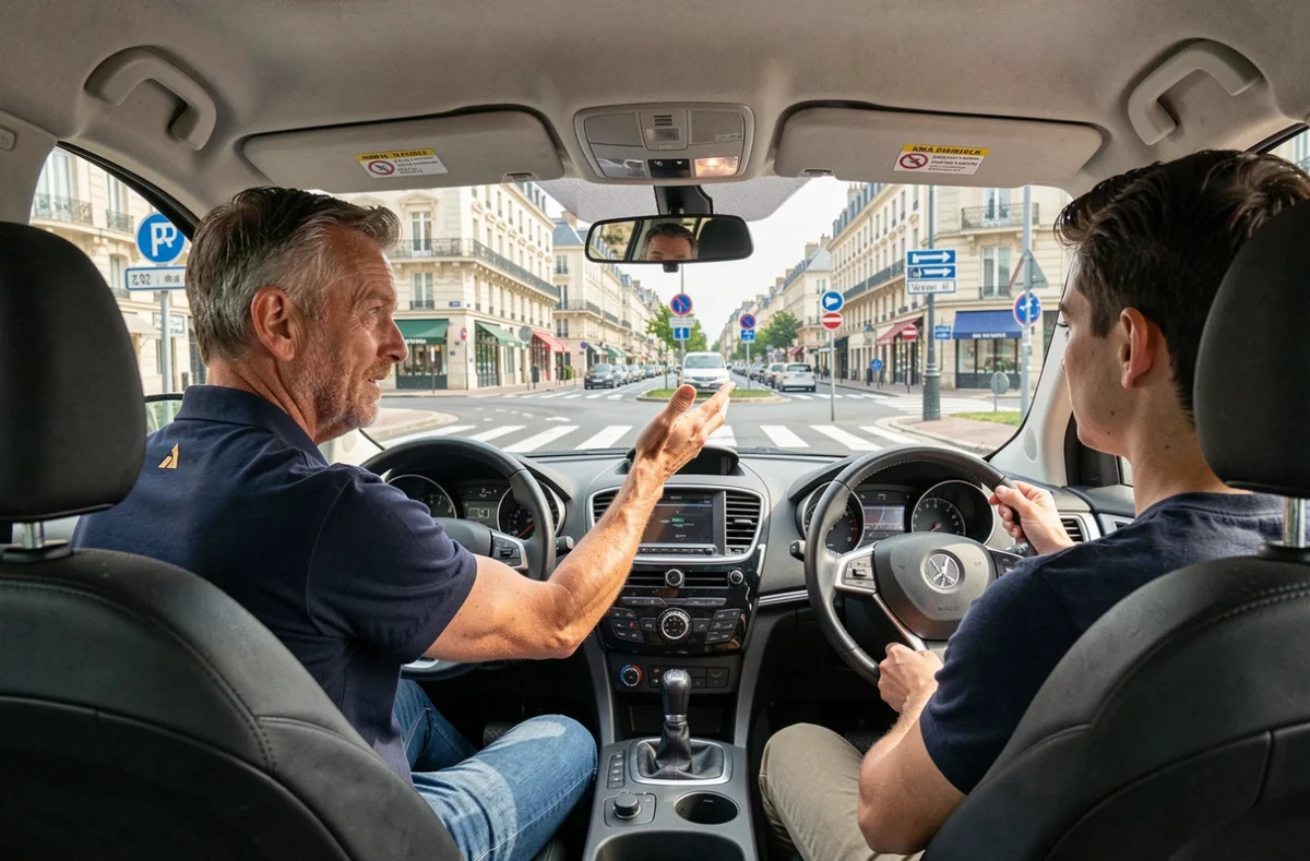 Moniteur d'auto-école expliquant un itinéraire à un élève conducteur à Saint-Quentin