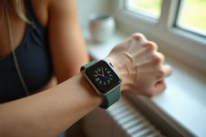 Montre intelligente affichant un horaire de jeûne intermittent sur le poignet d'une femme