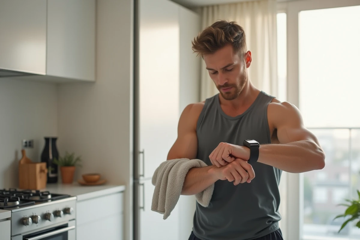 Personne vérifiant l'heure sur sa montre intelligente pendant le jeûne intermittent et l'exercice