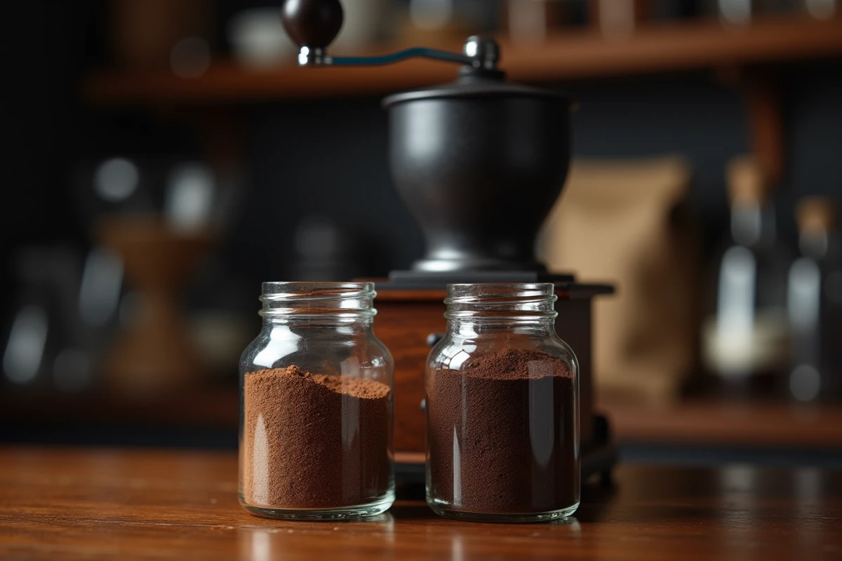 Gros plan sur deux bocaux en verre contenant une mouture grossière et une mouture fine, avec un moulin à café manuel et son réglage de finesse visible en arrière-plan