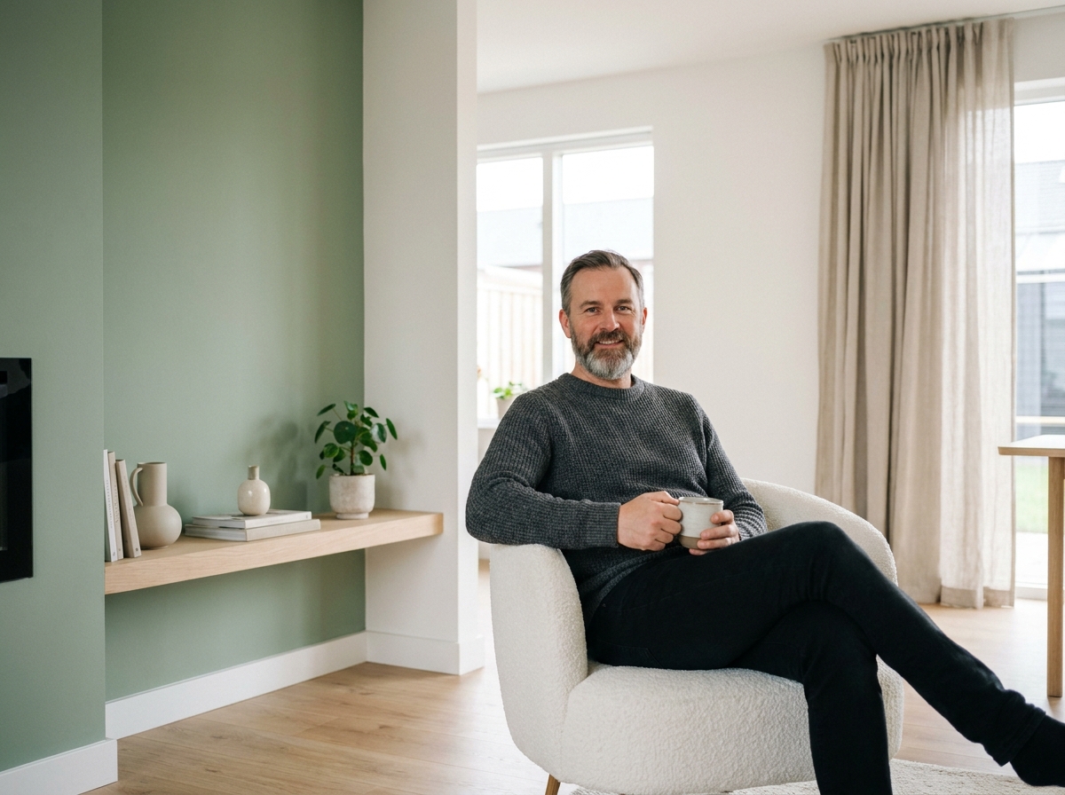 Homme assis dans un salon scandinave avec mur vert sauge créant une atmosphère zen et apaisante