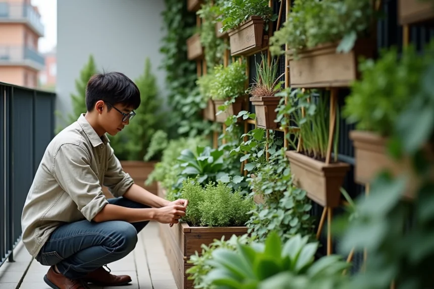Jardinier urbain aménageant un mur végétal vertical sur petit balcon avec plantes grimpantes et herbes aromatiques