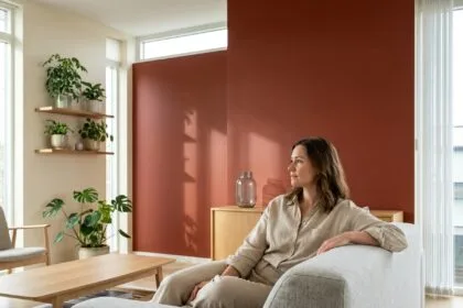 Femme assise dans un salon aux murs terracotta observant la transformation de son espace intérieur avec des couleurs chaudes et apaisantes