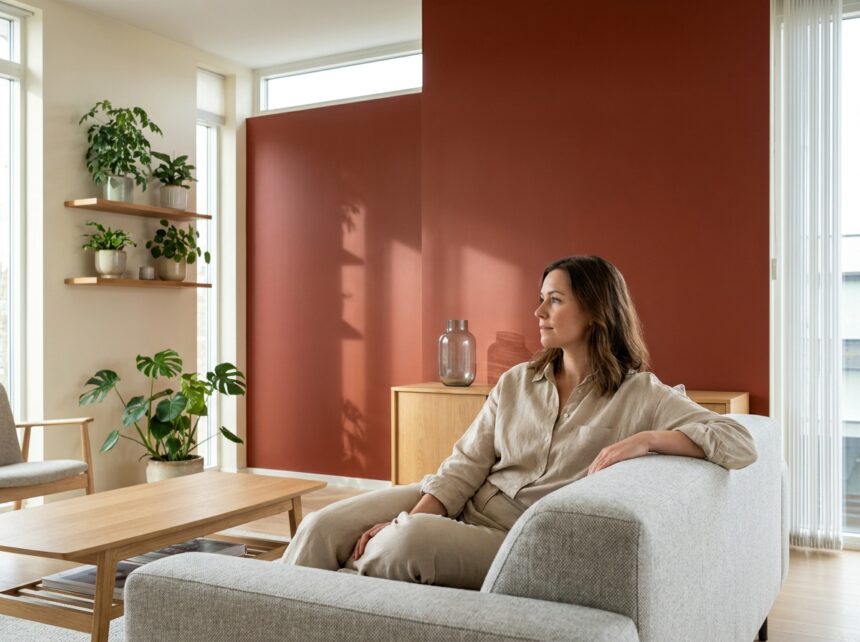 Femme assise dans un salon aux murs terracotta observant la transformation de son espace intérieur avec des couleurs chaudes et apaisantes