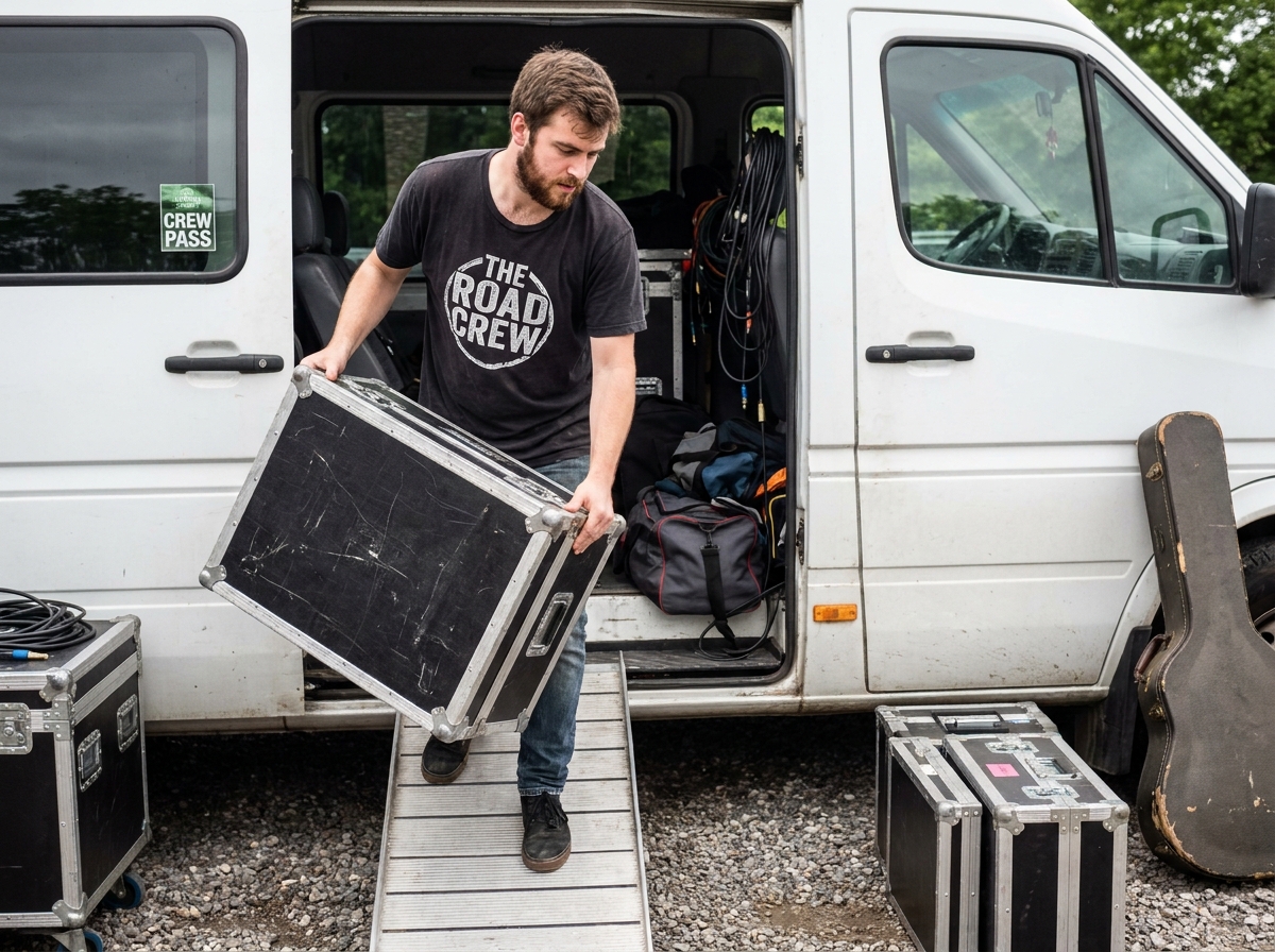 Musicien déchargeant un flight case d'occasion de la tournée depuis un van professionnel