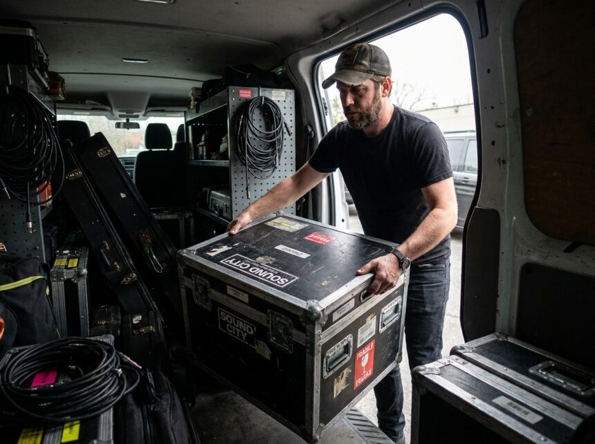 Musicien plaçant un flight case d'occasion usagé dans un fourgon de tournée, matériel de protection pour instruments en déplacement