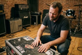 musicien inspectant attentivement un flight case d'occasion noir usagé avec des autocollants de tournées dans un studio de répétition professionnel