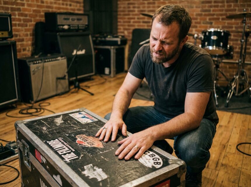 musicien inspectant attentivement un flight case d'occasion noir usagé avec des autocollants de tournées dans un studio de répétition professionnel