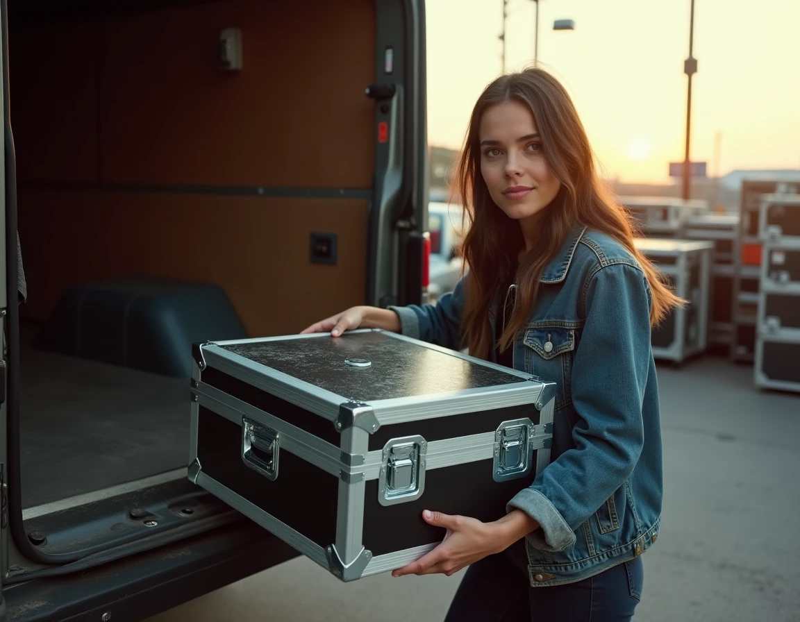 Musicienne chargeant une flight case d'occasion dans un camion de tournée avec équipement professionnel visible