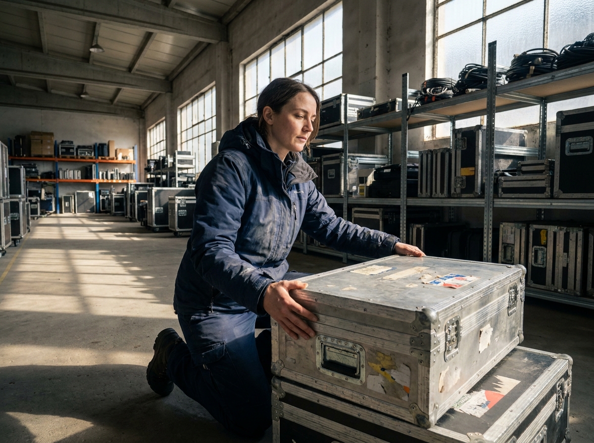 Musicienne de tournée empilant des flight cases d'occasion dans un entrepôt de stockage d'équipement professionnel