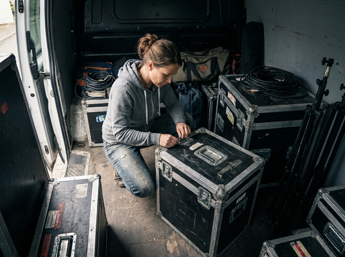 Musicienne fermant les loquets d'un flight case d'occasion dans une camionnette de tournée équipée de matériel professionnel