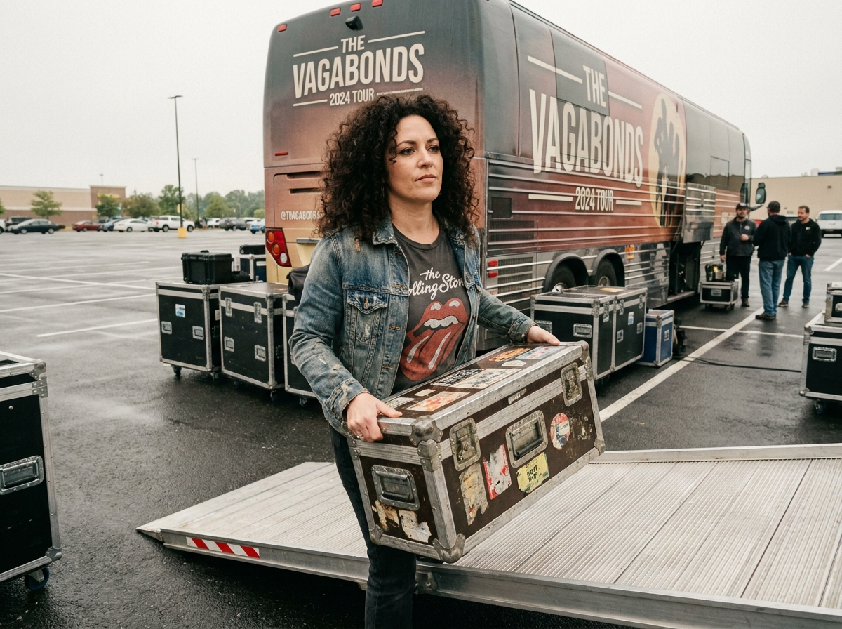 Musicienne chargeant un flight case d'occasion robuste sur un bus de tournée avec équipement professionnel