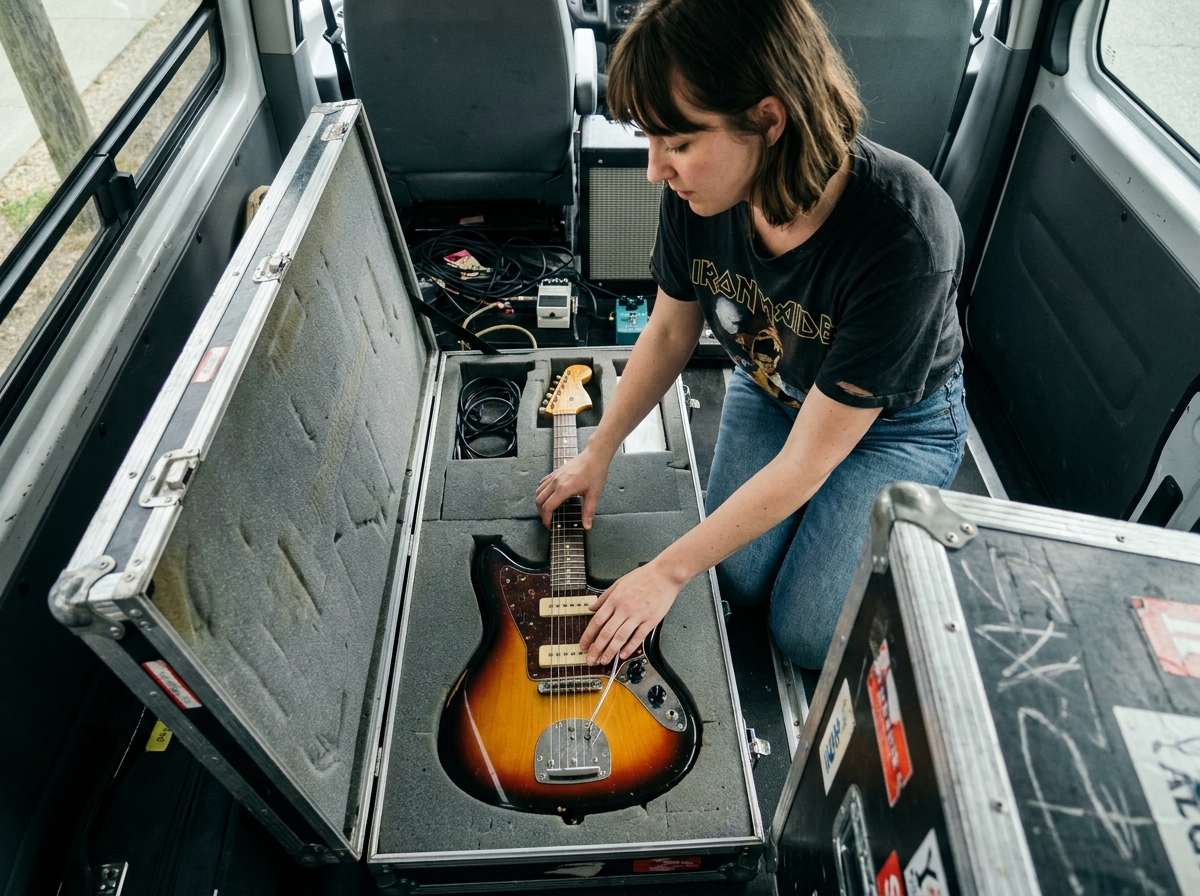 Musicienne rangeant sa guitare dans un flight case d'occasion dans un van de tournée avec équipement professionnel