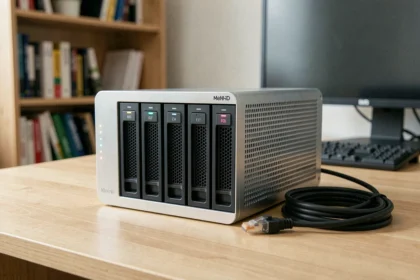 NAS 4 baies posé sur un bureau en bois dans un home office moderne avec câble Ethernet, comparatif meilleurs NAS 2026