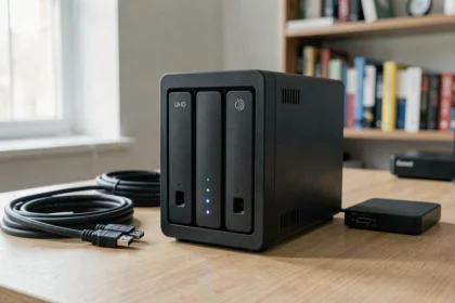 NAS pour particuliers posé sur un bureau en bois dans un bureau à domicile, entouré de câbles ethernet et d'un disque dur externe