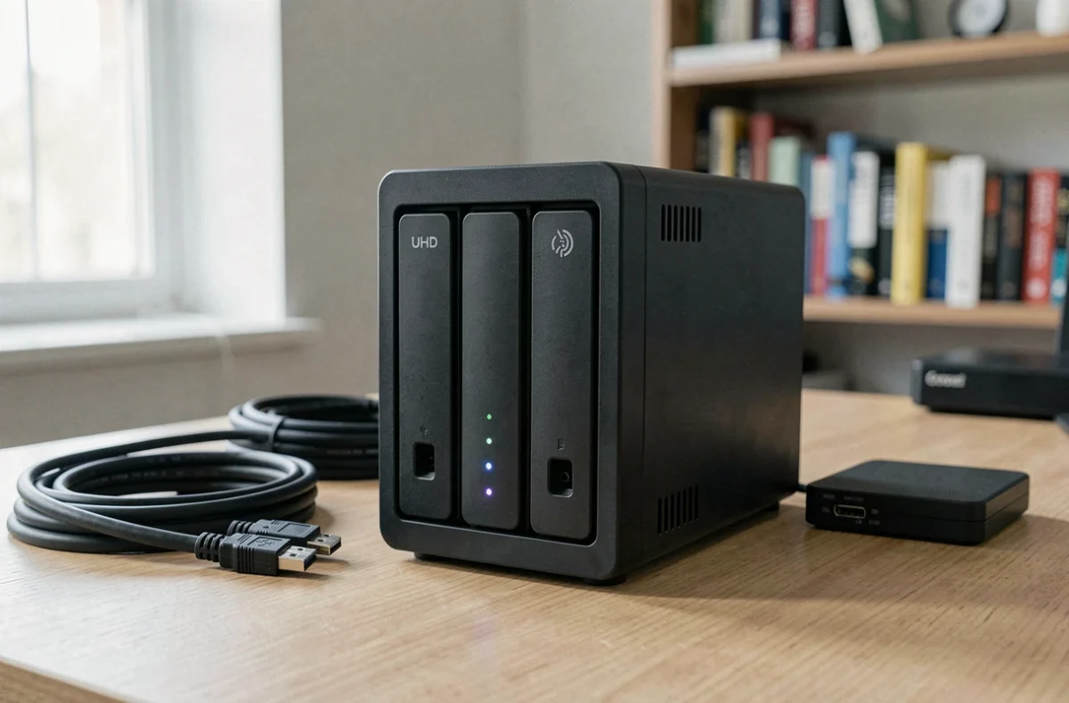 NAS pour particuliers posé sur un bureau en bois dans un bureau à domicile, entouré de câbles ethernet et d'un disque dur externe