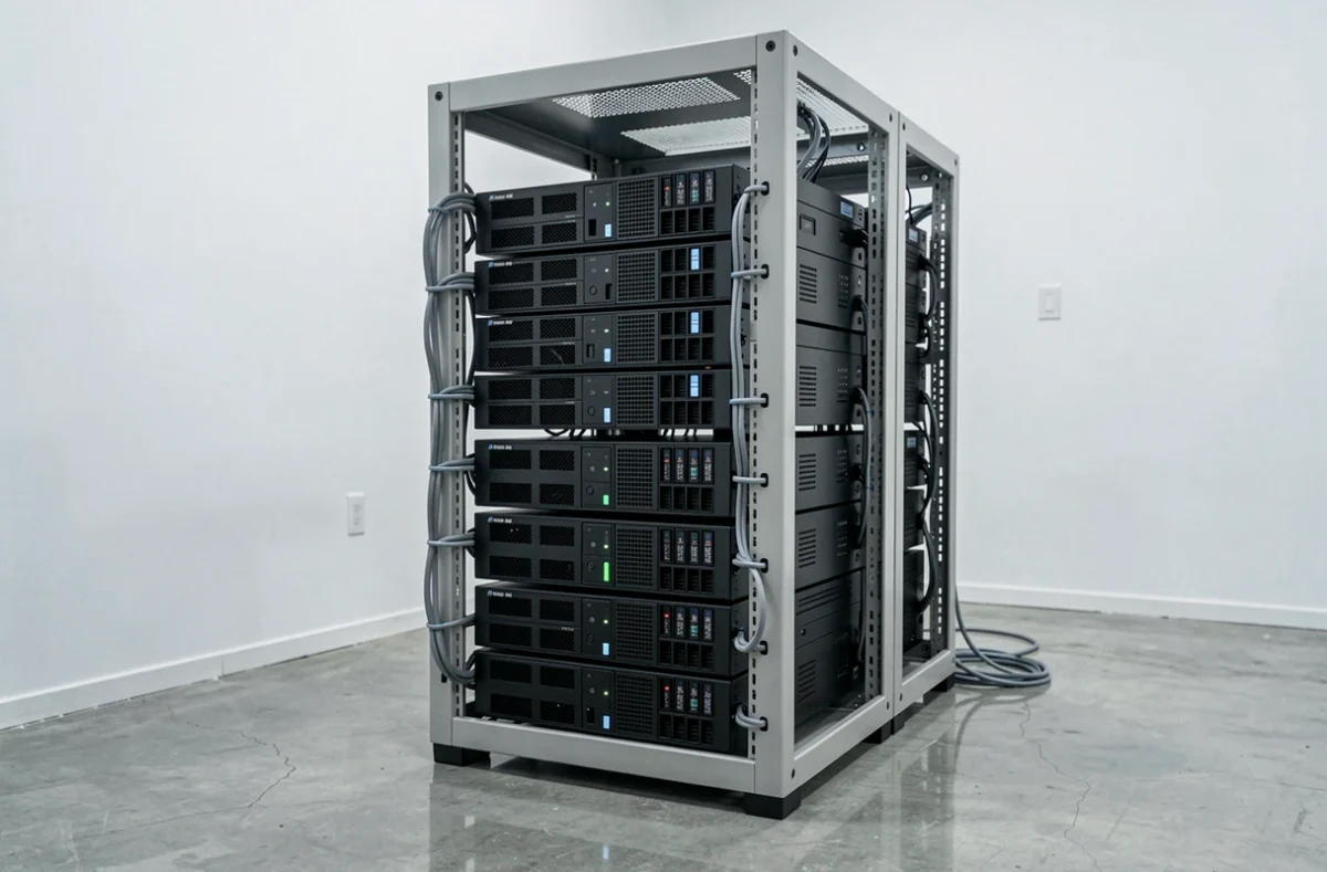 Plusieurs NAS installés dans un rack serveur domestique avec câbles réseau, home lab pour comparatif NAS 2026