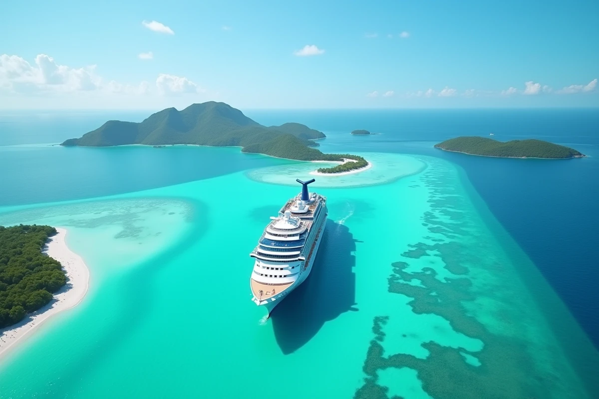 Grand navire de croisière moderne ancré près d'îles tropicales avec plages de sable blanc et eau turquoise