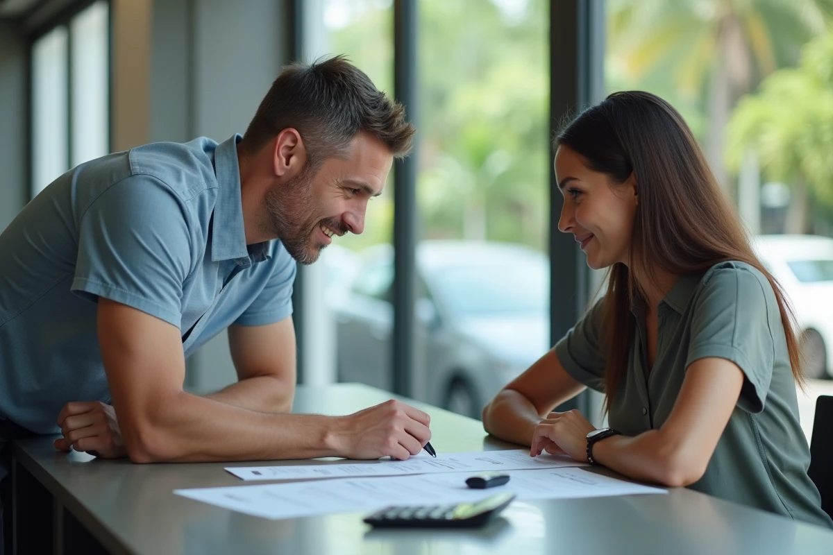 Client négociant un tarif de location longue durée avec une agente au comptoir d'une agence de voitures à La Réunion