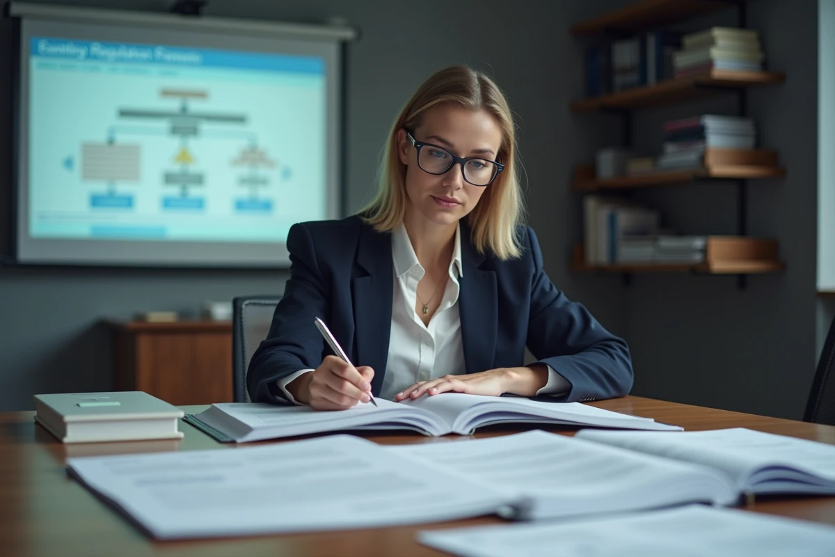 Responsable conformité étudiant des normes et réglementations applicables à la construction industrielle entourée de codes du bâtiment