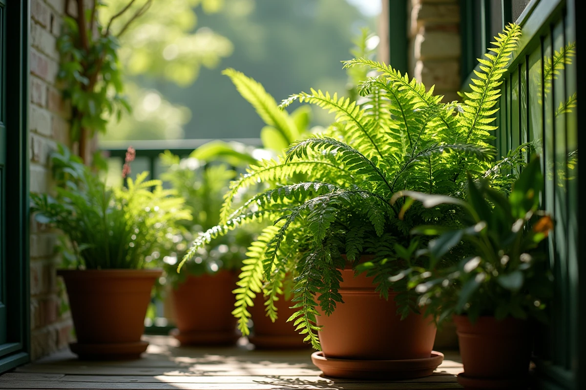 Balcon exposé au nord avec des hostas et fougères luxuriants dans des pots
