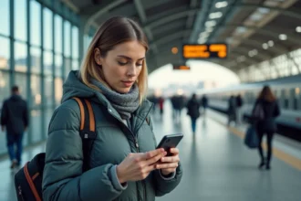 femme consultant un smartphone pour naviguer dans une gare moderne, utilisant les outils numériques pour organiser son voyage