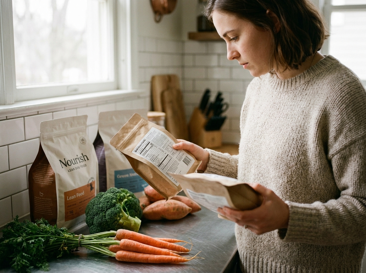 femme vérifiant étiquettes nutritionnelles aliments sains pour chien stérilisé