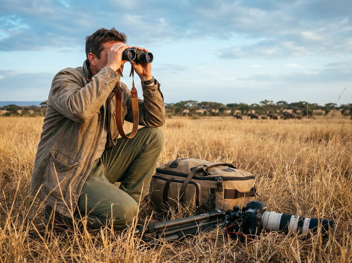 Observateur de faune sauvage immergé dans les vastes plaines herbeuses d'Afrique du Sud
