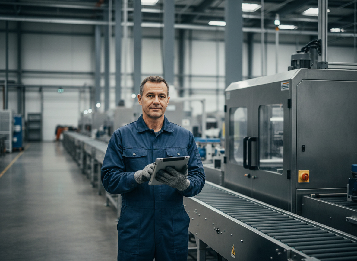 Opérateur industriel vérifiant la production sur une tablette