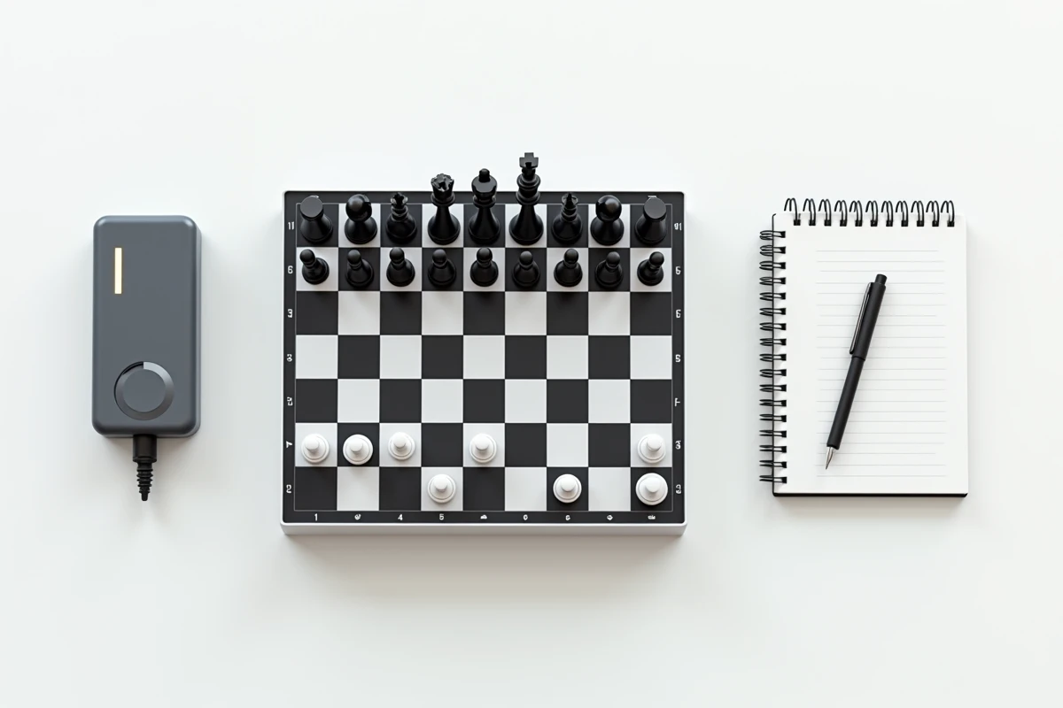Vue de dessus d'un ordinateur d'échecs numérique moderne avec pièces d'échecs et carnet d'étude