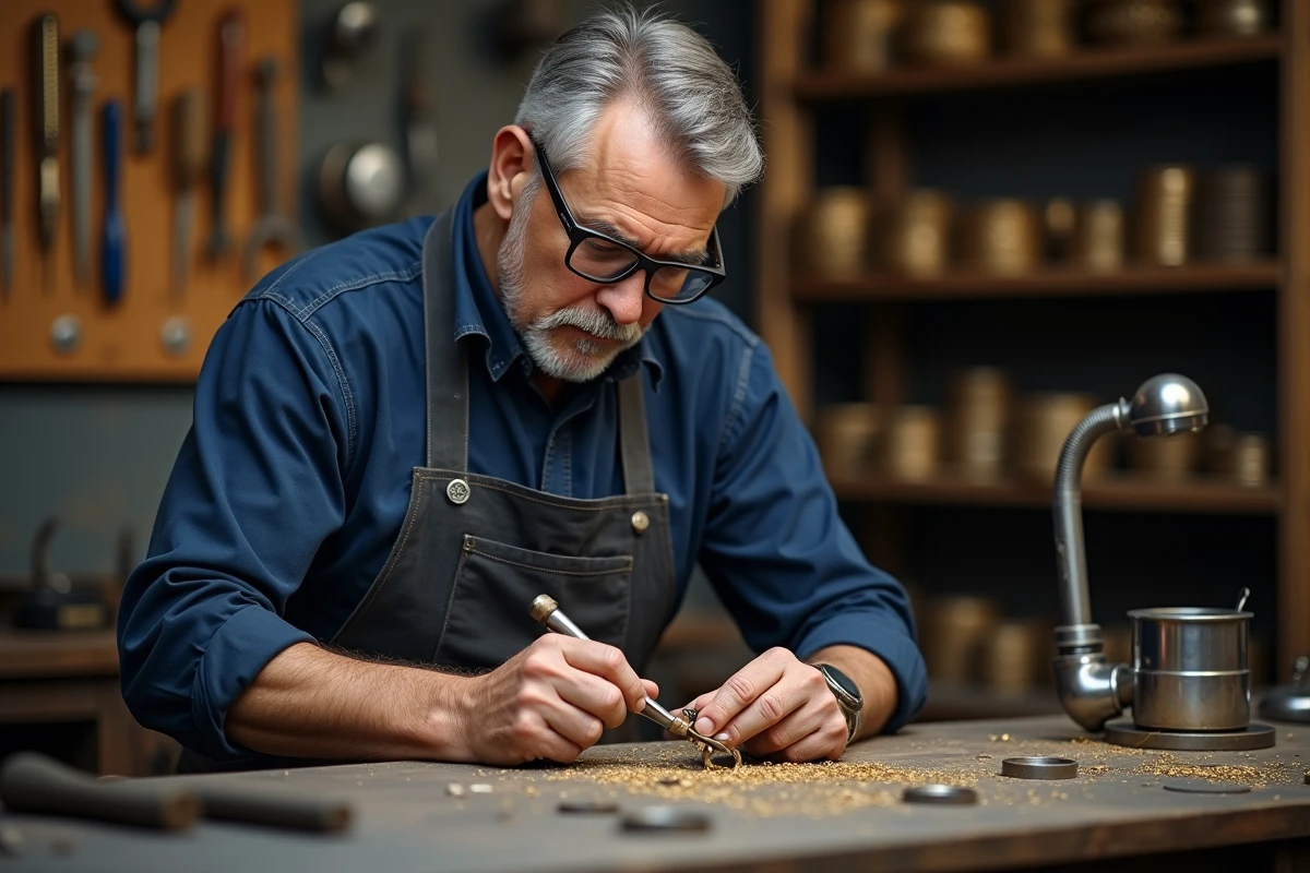 Orfèvre façonnant une bague en or sur mesure à l'établi dans un atelier de joaillerie traditionnel