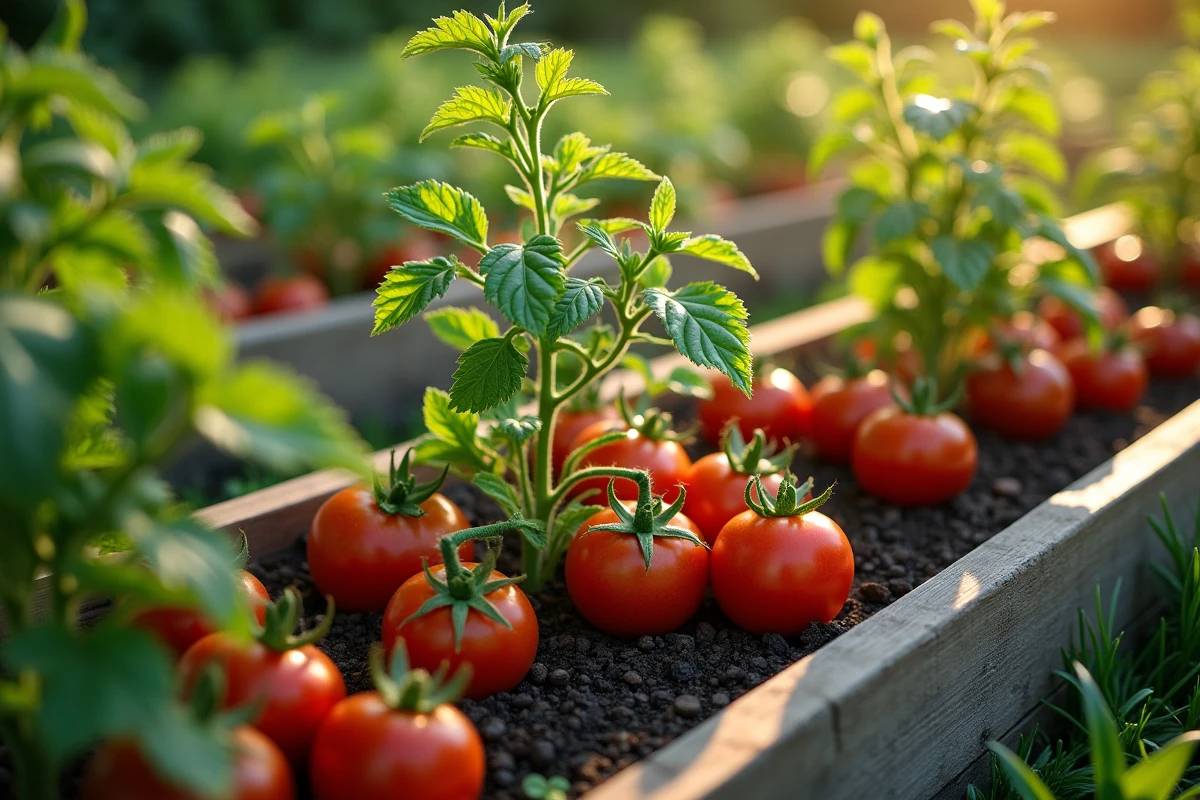 Vue d'ensemble d'un potager biologique avec plusieurs plants de tomates dans des carrés de culture