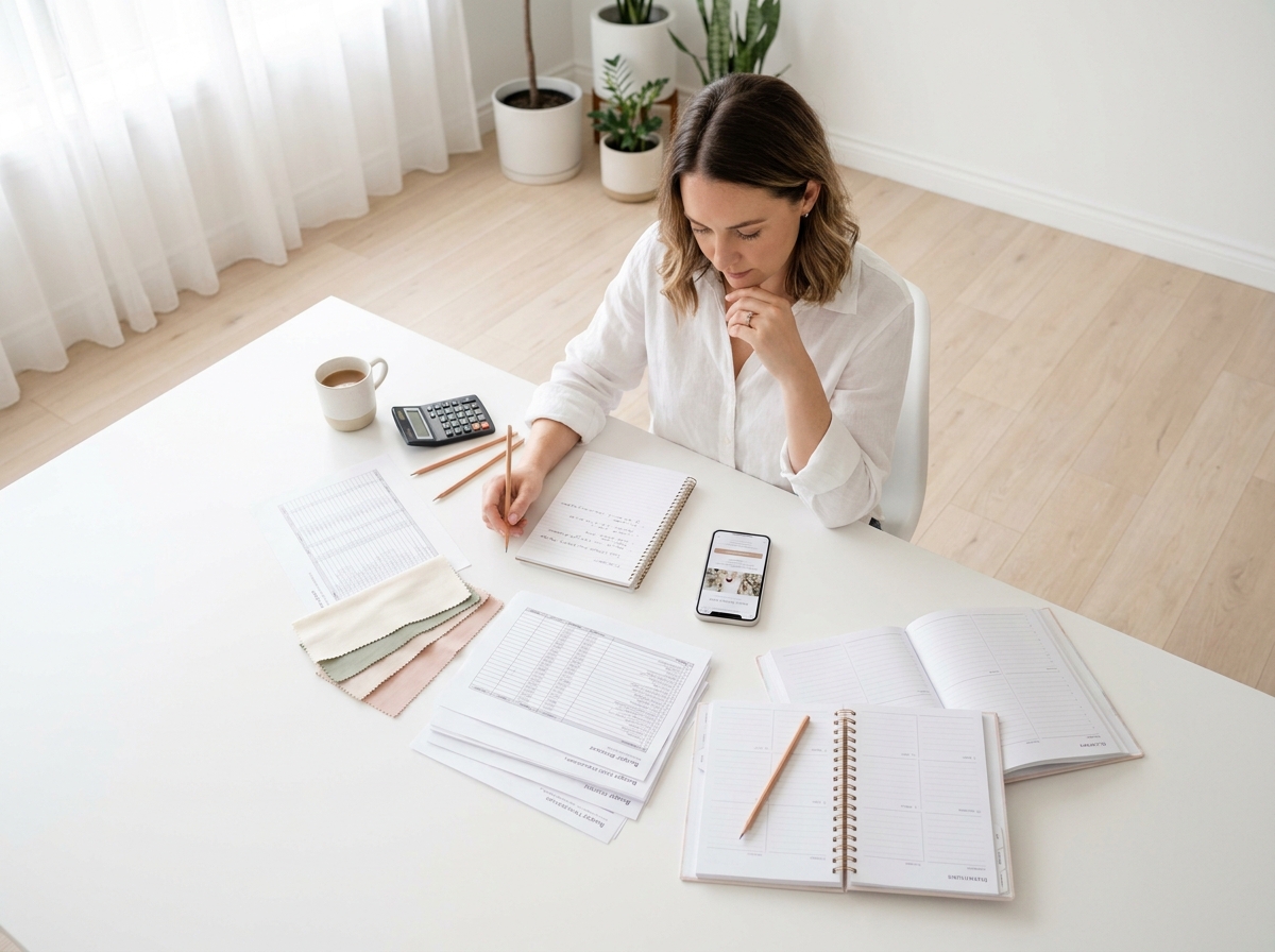 Femme organisée préparant decoration mariage pas cher avec matériel d'inspiration imprimé et numérique