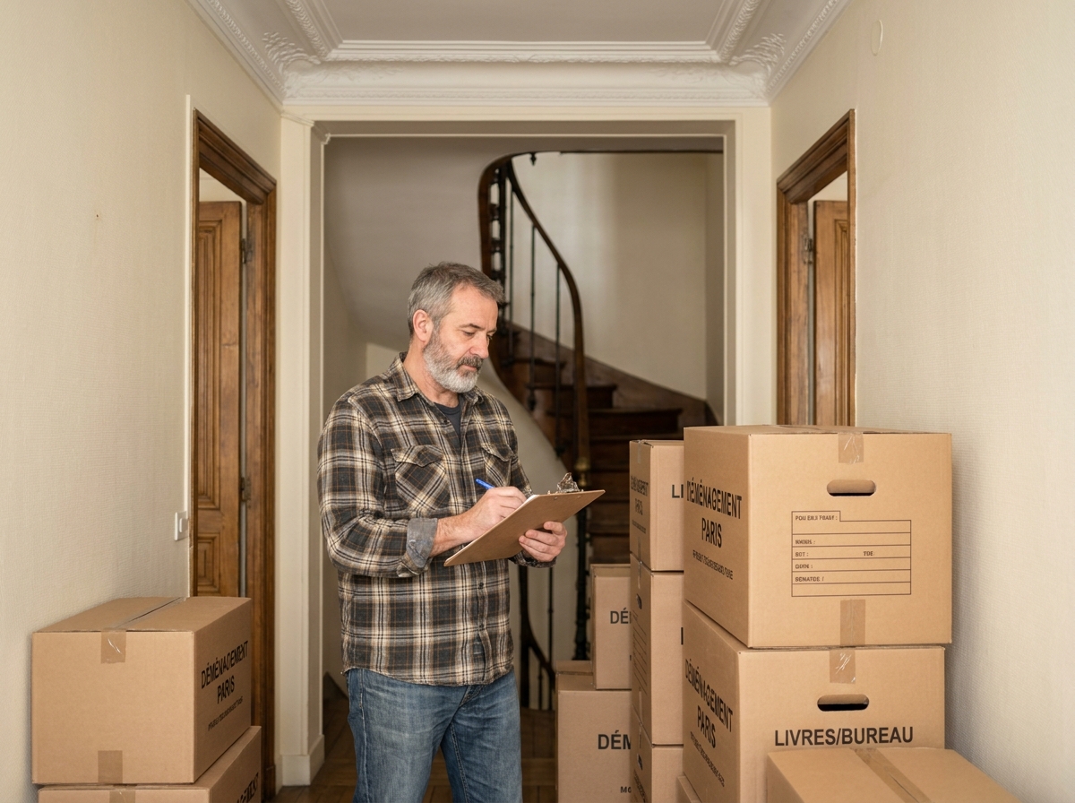 Homme vérifiant l'organisation du déménagement dans un couloir d'immeuble parisien avec cases étiquetées