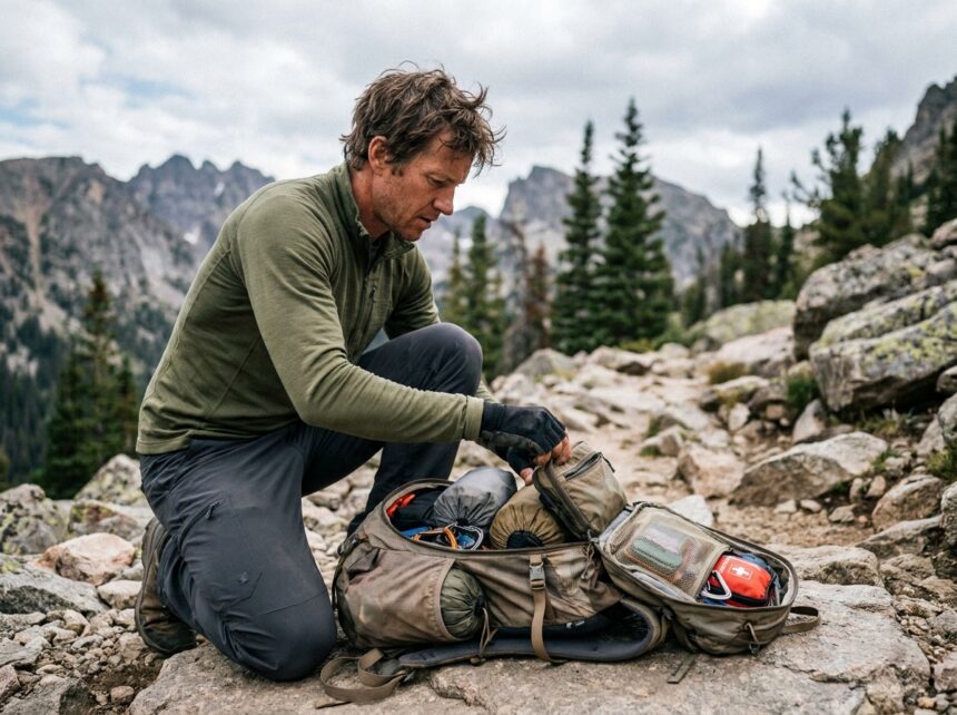 randonneur examinant l'intérieur et l'organisation d'un sac à dos de trekking en montagne
