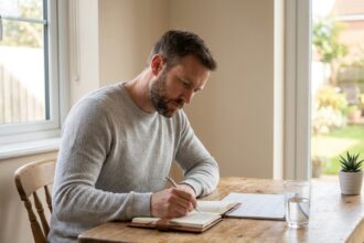 homme déterminé écrivant dans un journal à son bureau pour organiser son sevrage du cannabis avec calme et motivation