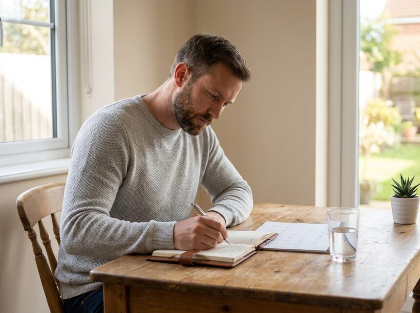 homme déterminé écrivant dans un journal à son bureau pour organiser son sevrage du cannabis avec calme et motivation