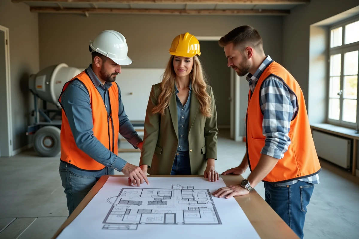 Cheffe de projet montrant un plan de relevé architectural à des ouvriers pour organiser les travaux de rénovation