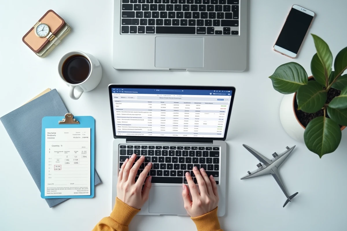 Vue d'ensemble des outils pour acheter ses billets d'avion moins cher avec calendrier et ordinateur